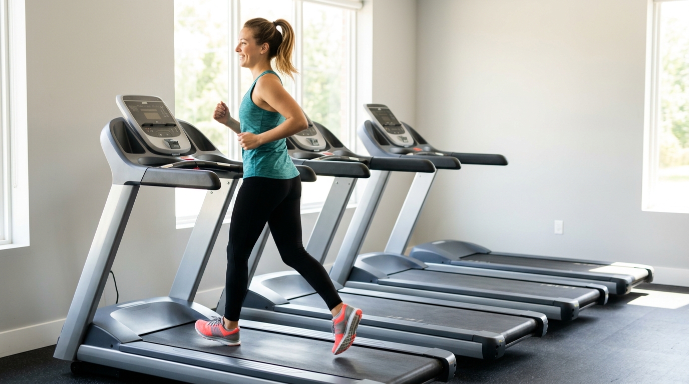 A runner mid-stride on a FIT It In-equipped treadmill in Oakton, Virginia.